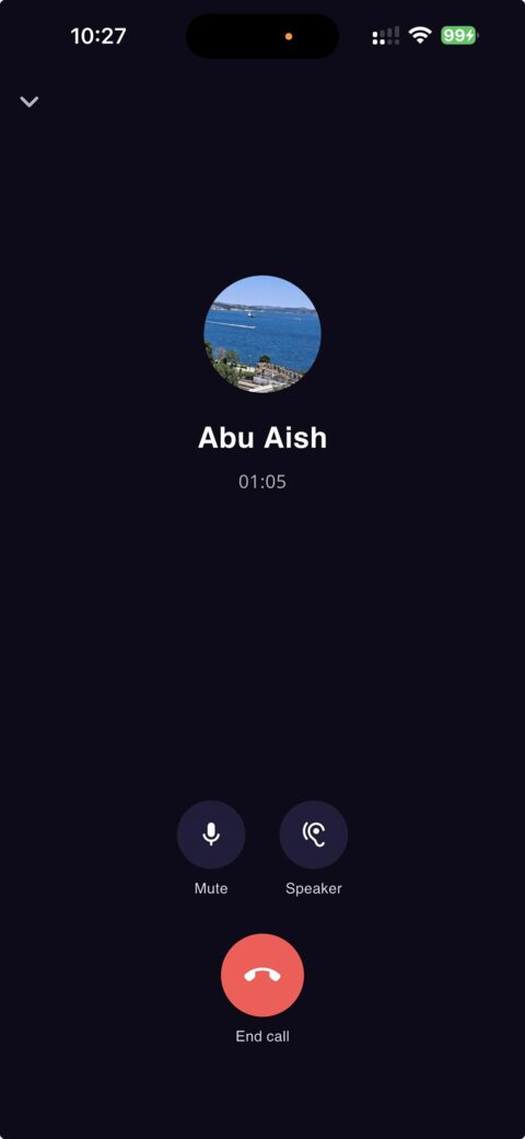 مكالمة صوتية مشفّرة جارية، مع أزرار كتم الصوت ومكبّر الصوت وإنهاء المكالمة