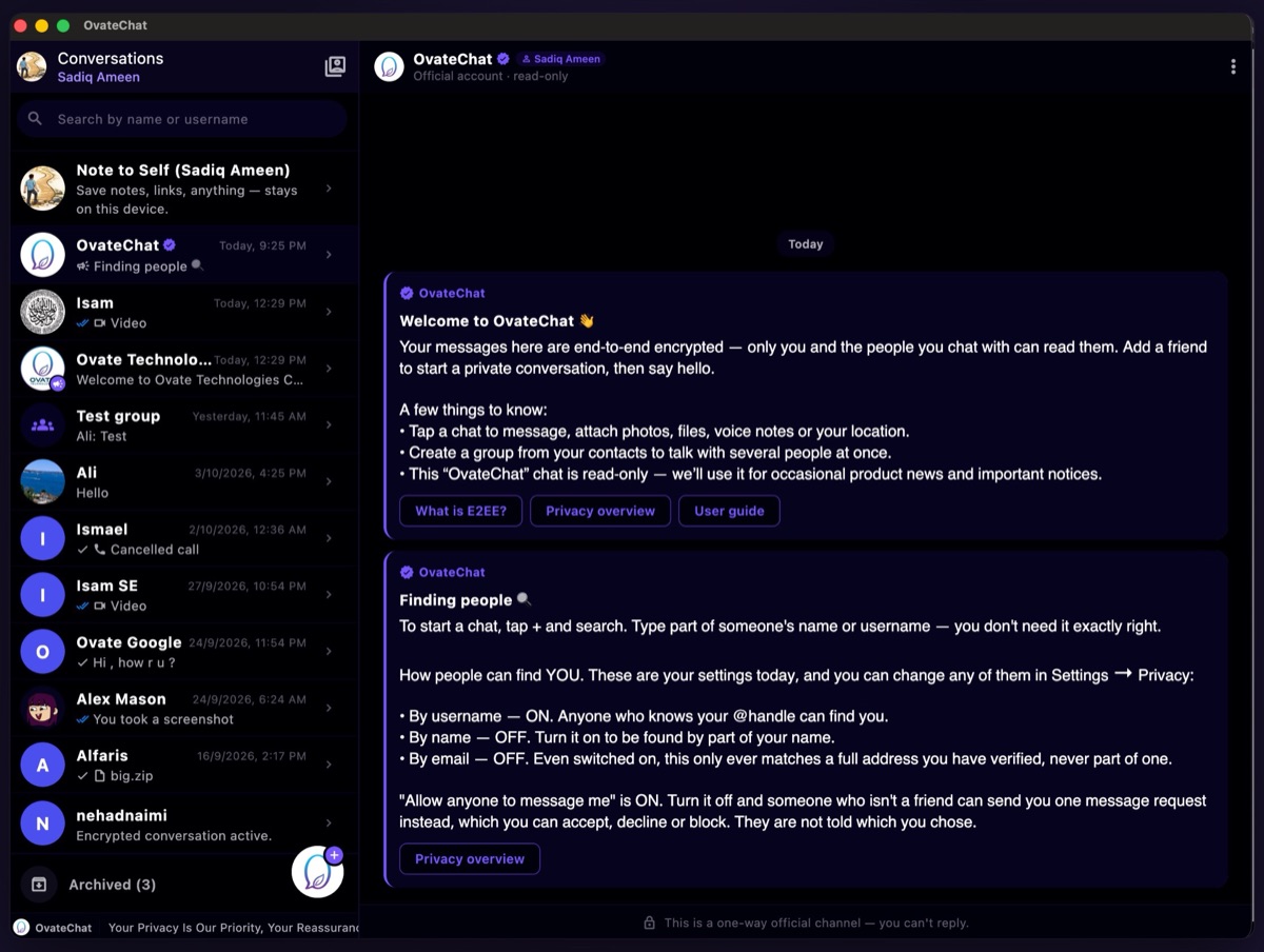 OvateChat on a Mac: the conversation list beside the OvateChat welcome chat
